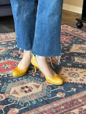 Stuart Weitzman Yellow Patent Leather Mid-Heel Pumps